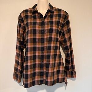 Madewell Plaid Cotton Flannel Button-Up Shirt in brown black & pink Sz SMALL